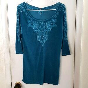 Free People Embroidered Sequin Rhinestone Detailed 3/4 Sleeve Teal Tunic Size XS